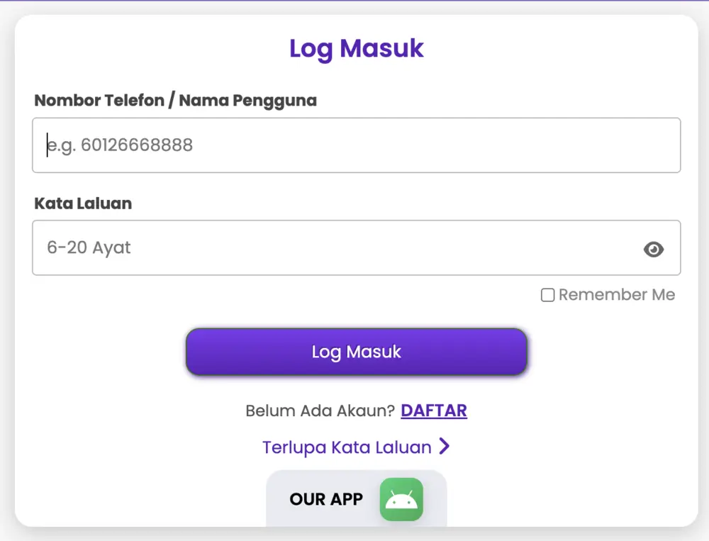 Contoh paparan borang MrAce88 login dengan ruangan nombor telefon atau nama pengguna dan kata laluan