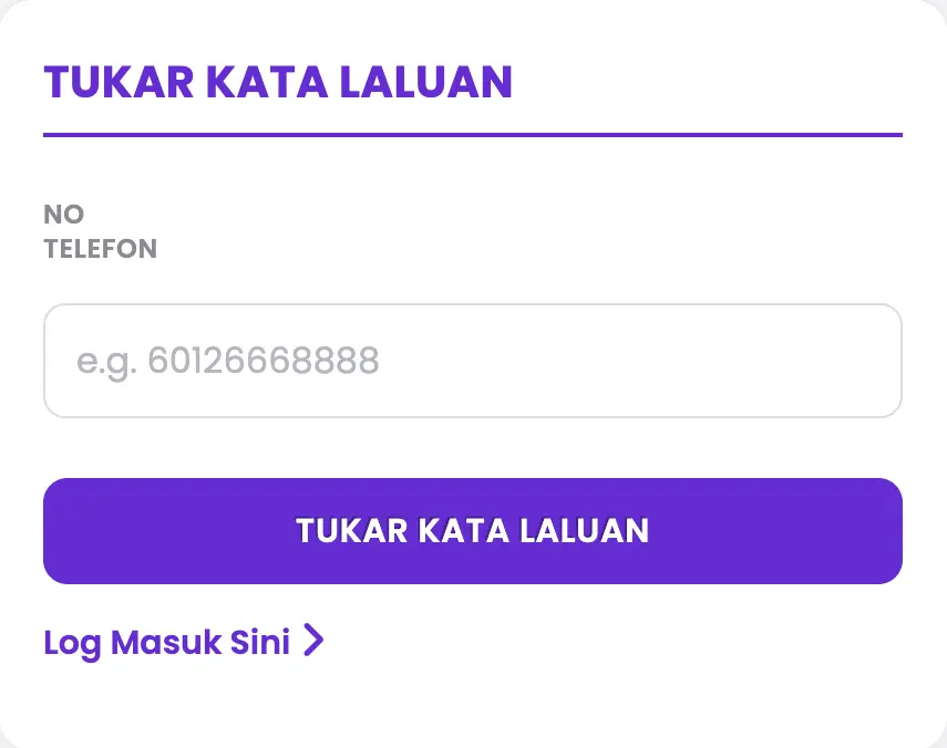 Contoh halaman pemulihan kata laluan dengan ruangan nombor telefon