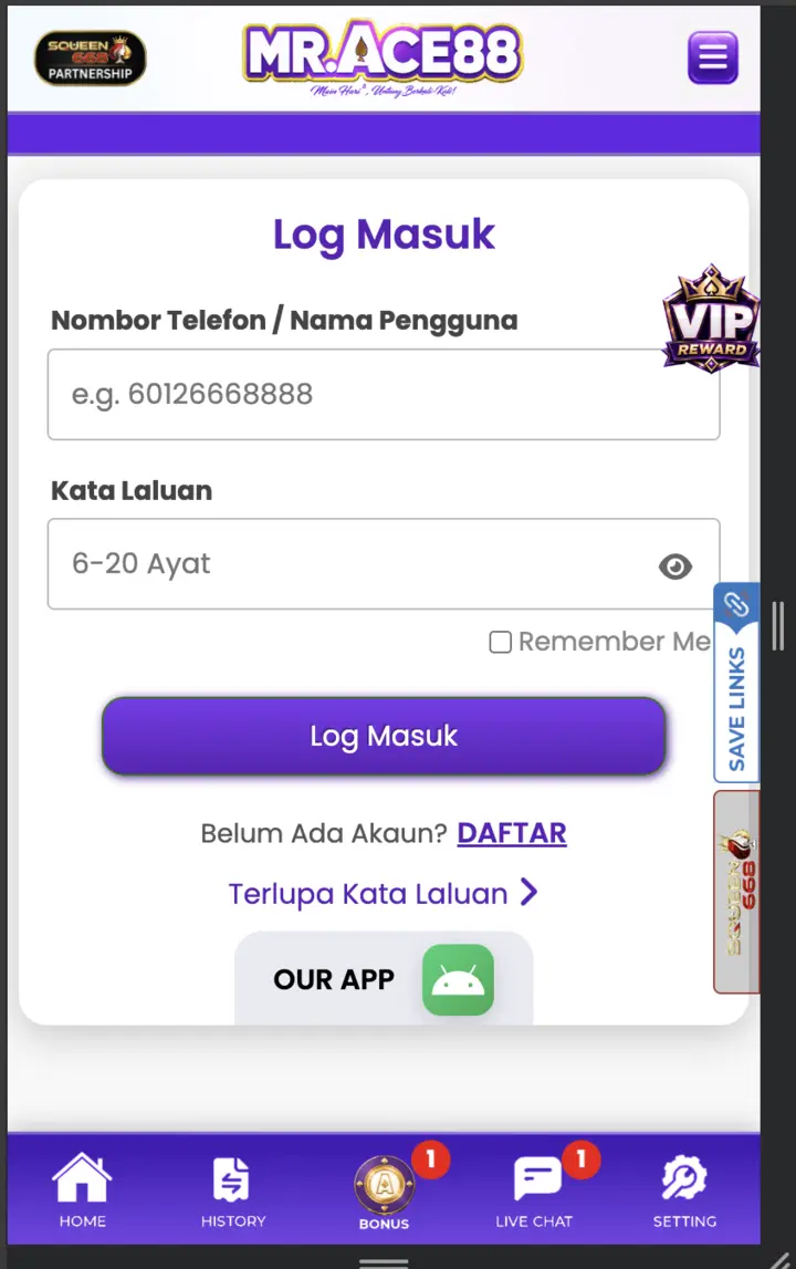 Paparan log masuk mudah alih MrAce88 dengan pautan Daftar